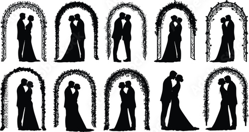 Romantic wedding couple silhouette under floral arch, bride and groom kissing, love ceremony, elegant marriage celebration, romantic vector illustration art.