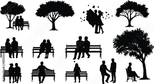 Romantic couple silhouettes sitting on park benches under trees, love and friendship moments in peaceful outdoor nature background scene.