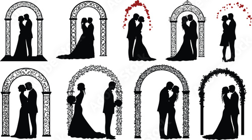 Romantic wedding couple silhouettes under floral arch, bride and groom kissing, elegant marriage ceremony, love celebration, romantic vector illustration art.Romantic wedding couple silhouettes 
