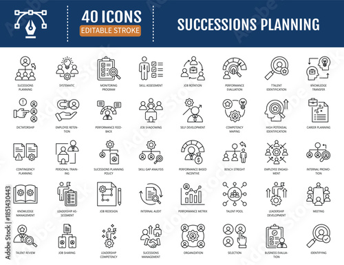 Succession planning icon set. Includes talent
identification, skill assessment, performance
evaluation, career path, job rotation and more.
Vector illustration with editable strokes