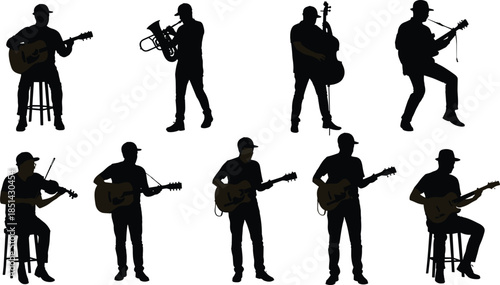 Silhouette of musicians performing with guitar, violin, cello, and brass instrument, live band concert illustration on white background artworkSilhouette 