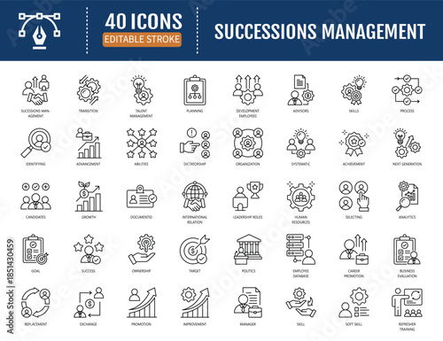 Succession management icon set. Includes skills,
leadership, business, human resources,
evaluation, replacement and more. Vector
illustration with editable strokes