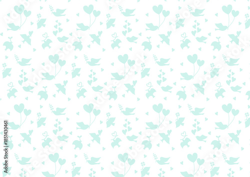 ハートと鳥のシルエットのシームレスパターン素材（水色）