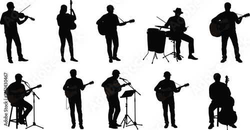 Silhouette of musicians performing with guitar, violin, cello, and drums, live band concert illustration on white background, musical group artwork