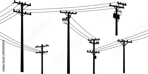 Silhouette of multiple utility poles with electric power lines and transformers, high voltage energy infrastructure for industrial urban landscape background