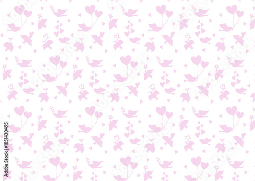 ハートと鳥のシルエットのシームレスパターン素材（ピンク）