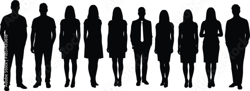 Silhouettes of diverse people standing in a row, men and women in casual and formal attire, black outline design, abstract human figures