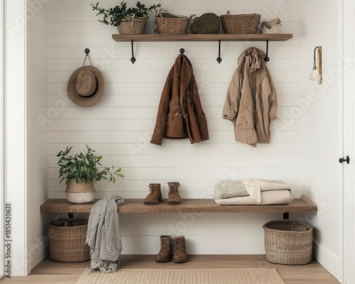 Rustic farmhouse mudroom with minimalist cabinetry and shiplap walls