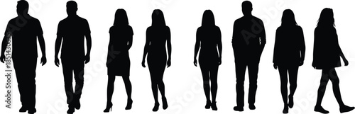 Silhouettes of diverse people walking, standing, posing, human figures in motion, black outline design, minimalist background, abstract posture study, art
