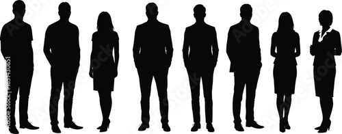 Silhouettes of diverse people standing together, business and casual attire, black outline design, group diversity illustration, abstract human figures art