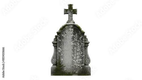 Ornate cemetery gravestone with cross isolated on white background