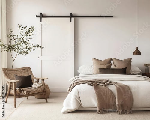 Modern farmhouse bedroom with sliding barn door, neutral tones, and natural textures