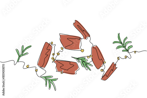 Single line draw with color accents of scattered jerky pieces interspersed with rosemary herb sprigs. Rustic and flavorful presentation of snack. National Jerky Day event of snacking foodie gathering