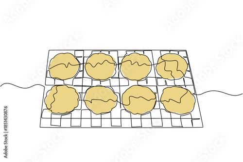 Continuous line drawing of eight round cookies cooling on a wire rack golden and crinkled, show the baking process and homemade goodness. Dessert celebration National  Peanut Butter Cookie Day event