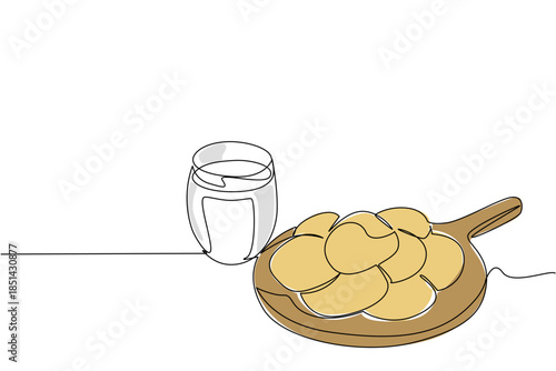 Single line drawing of butter cookie, on a wooden paddle or board next to a glass jar of milk. Classic snack pairing. National Peanut Butter Cookie Day show dunking, snacking, and cozy kitchen vibes