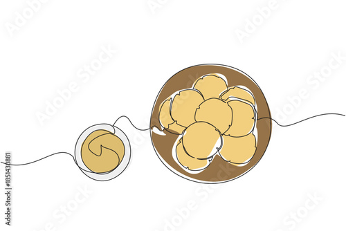 Continuous line drawing of a plate piled high with round cookies next to a small bowl of creamy peanut butter dip, top view, emphasizing the main ingredient. National Peanut Butter Cookie Day event