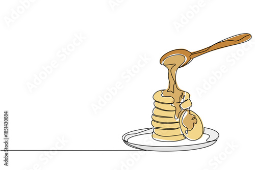 Single line drawing of stack of cookies on a plate, being drizzled with syrup from spoon. A rich, sweet breakfast or dessert. National Peanut Butter Cookie Day of treats sharing, and indulgent moments