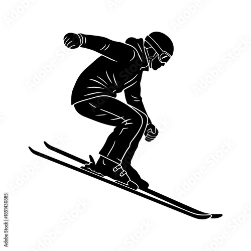 Black silhouette vector of skier in dynamic downhill skiing pose. Perfect for winter sports designs, ski resort branding, athletic logos, and recreational activity illustrations. Clean vector format i