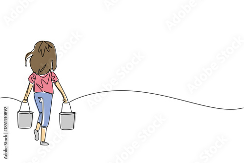 Continuous line drawing of a young girl walking away from the viewer, rear view. Struggling to carry two heavy buckets of water. Domestic child labor and hardship. World Day Against Child Labor event.