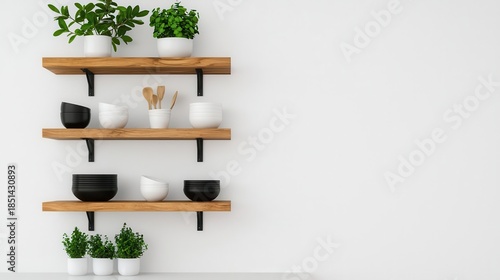 Modern rustic farmhouse kitchen with open shelving, reclaimed wood, and matte black fixtures