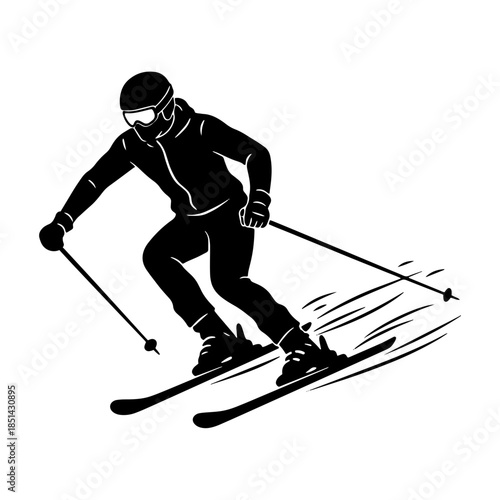 Dynamic black silhouette of alpine skier in action, perfect for winter sports designs, ski resort branding, and outdoor recreation graphics. Clean vector illustration with powder spray effect.