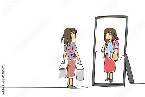 Continuous line drawing of a girl carry bucket full of water looking at her student reflection with uniform. Education concept of international event World Day Against Child Labor awareness initiative