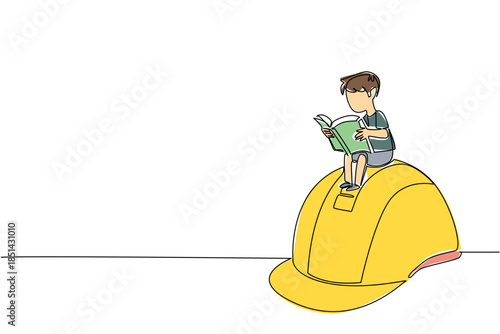 One line drawing of boy reading a book sitting on a large yellow hard hat. Industry concept of international event World Day Against Child Labor prevention initiative and promote schooling and safety