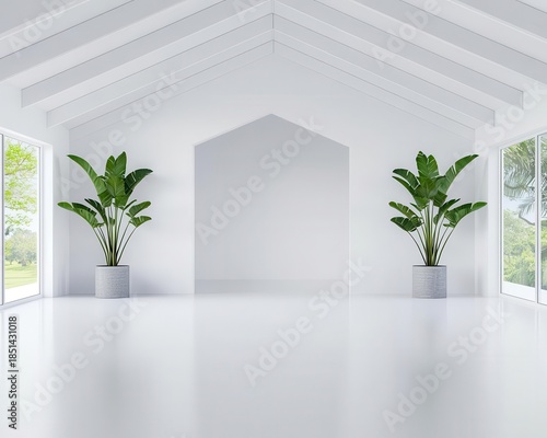 Minimalist farmhouse interior with exposed rafters and clean finishes