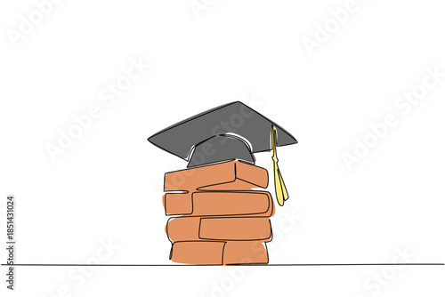 Single line drawing of a graduation cap placed on stack of bricks. Struggle for education amidst difficult circumstances or the foundation of knowledge. Symbolizing transition from labor to learning