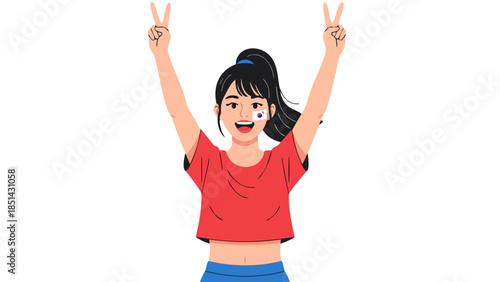 Happy Korean Girl Cheering with Flag Face Paint and Peace Signs