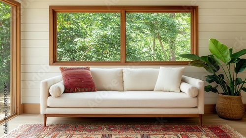 Rustic sunroom with modern sofa, natural light, and vintage rug