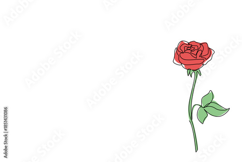 Single line drawing of a vibrant red rose with a long stem and green leaves positioned to the right, symbolizing focused affection and natural elegance. Nature concept of National Red Rose Day