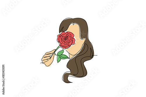One line draw of woman holding a red rose to face, partially obscuring it. Hidden beauty, gentle affection, and a touch of allure. Ideal for National Red Rose Day posts of affection, grace, and charm