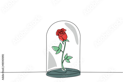One line drawing of vibrant red rose preserved under a clear glass dome cloche, symbolizing eternal love, protection, and iconic fairy tale magic. whimsical floral art for National Red Rose Day