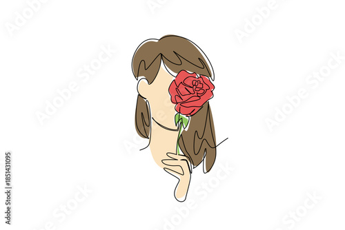Single line draw of woman with long hair gently smelling red rose, symbolizing appreciation for natural beauty, sensuality, and tranquility. National Red Rose Day celebrating fragrance and tenderness