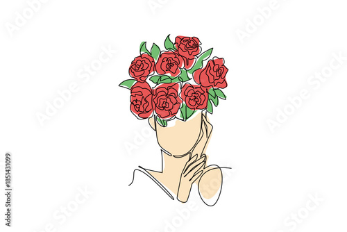 Single line drawing of a woman profile with a large giant red rose covering most of her head, her hand gently touching her chin, symbolizing beauty and thoughtful contemplation. National Red Rose Day