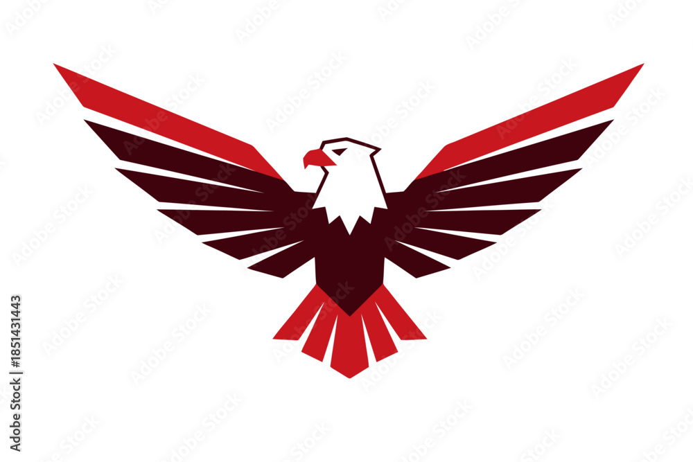 Obraz premium A stylized graphic of an eagle with outstretched wings in red, maroon, and white colors, facing forward.