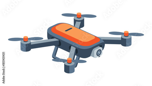 Modern flat vector illustration of a quadcopter drone, isometric 3D-like perspective, simplified geometric shapes, smooth rounded edges, clean silhouette, minimal details, no texture, no gradients