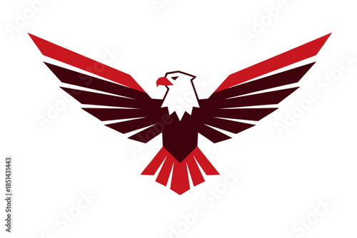A stylized graphic of an eagle with outstretched wings in red, maroon, and white colors, facing forward.