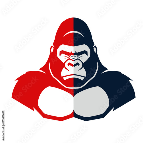 A striking graphic illustration of a gorilla's head and shoulders, split down the middle with contrasting red and dark blue colors.