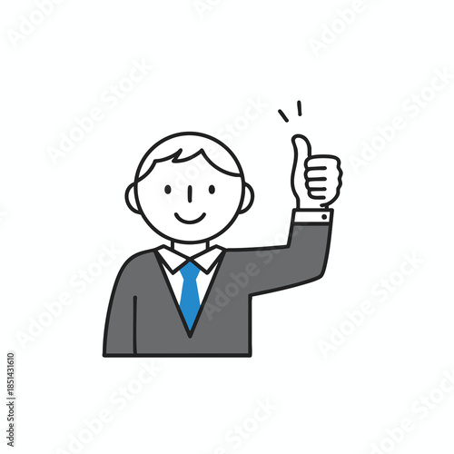 A stylized person in a suit, thumb up, smiling, outlined in black, with a blue tie