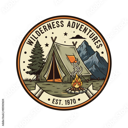 Circular outdoor adventure emblem tent, fire, mountains, tree, stars, and banner, "Est. 1970