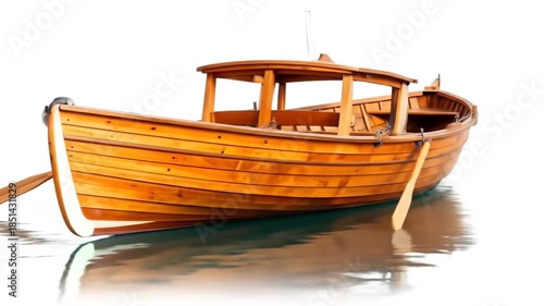 Wooden rowboat floating on water. (1)