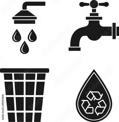 Water conservation icons with shower faucet and recycle symbol