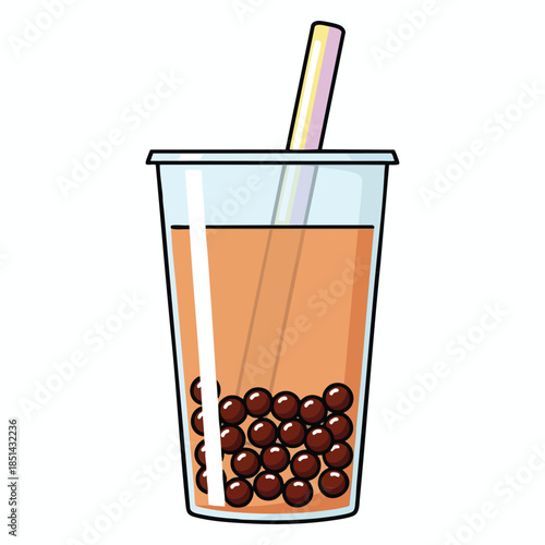 A cartoon beverage featuring brown bubbles, with a straw in a clear cup
