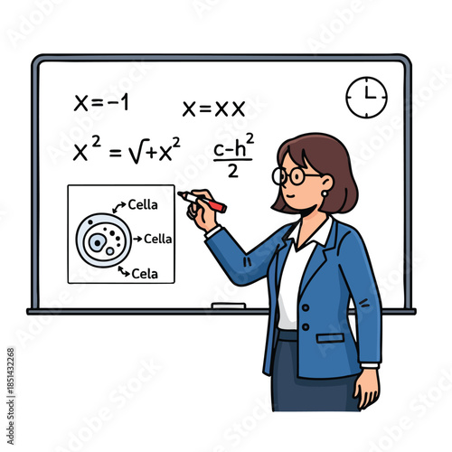 Cartoon of a teacher explaining math/science equations on a whiteboard