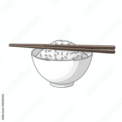 Illustration of a white bowl with rice, two chopsticks rest on top. Simple design