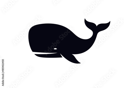 A minimalist black silhouette of a whale with its tail fluke raised.