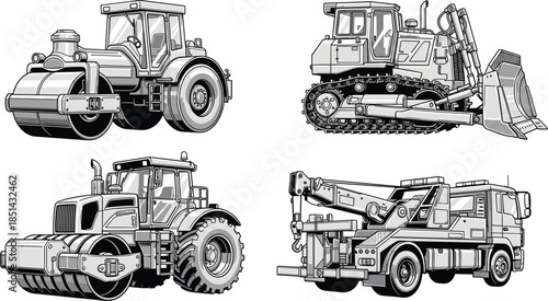 Heavy construction machinery illustration set including road rollers, bulldozer and crane truck, industrial equipment artwork for engineering, transport, building and worksite projects