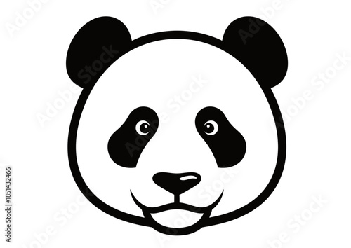 Simple black and white cartoon illustration of a panda bear's head with its distinctive eye patches and ears, smiling gently.